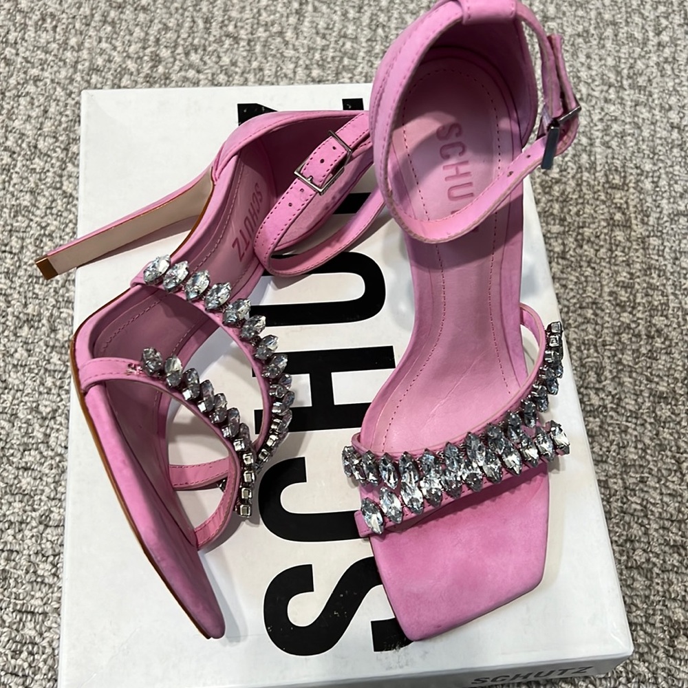 Schutz Linsey Pink Suede Rhinestones Heels Sandals Shoes Club Rose 6.5